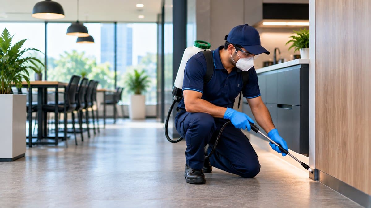 Pest control technician treating a commercial space