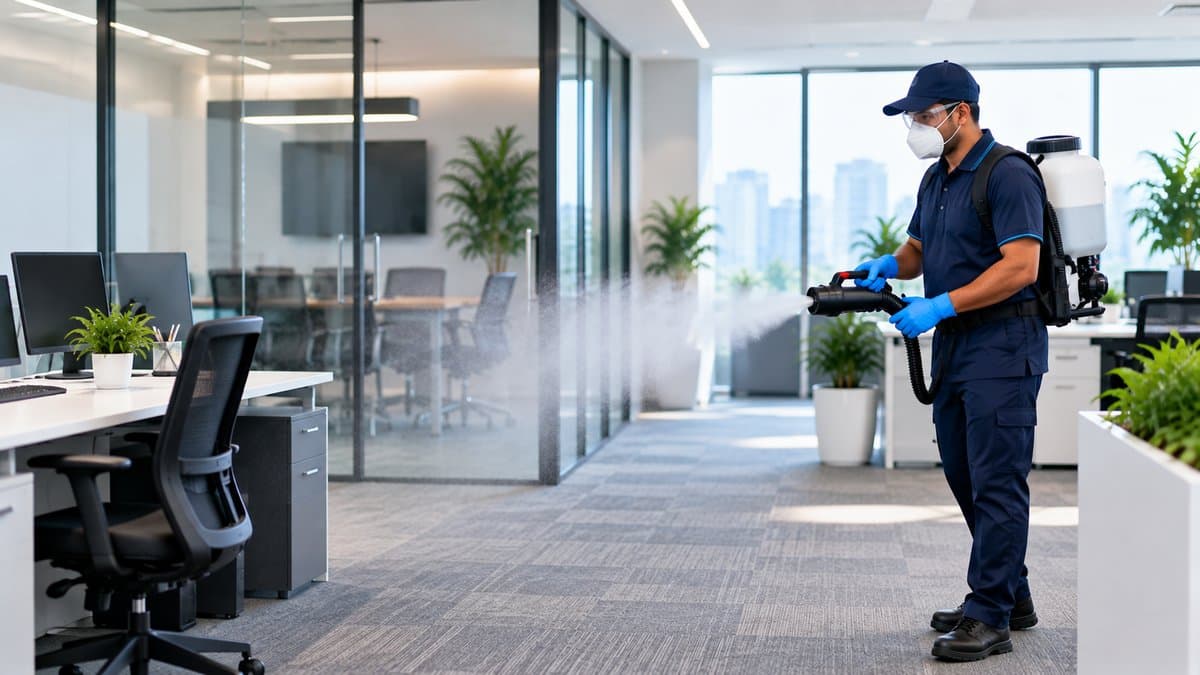 Sanitization technician in protective gear disinfecting a commercial interior