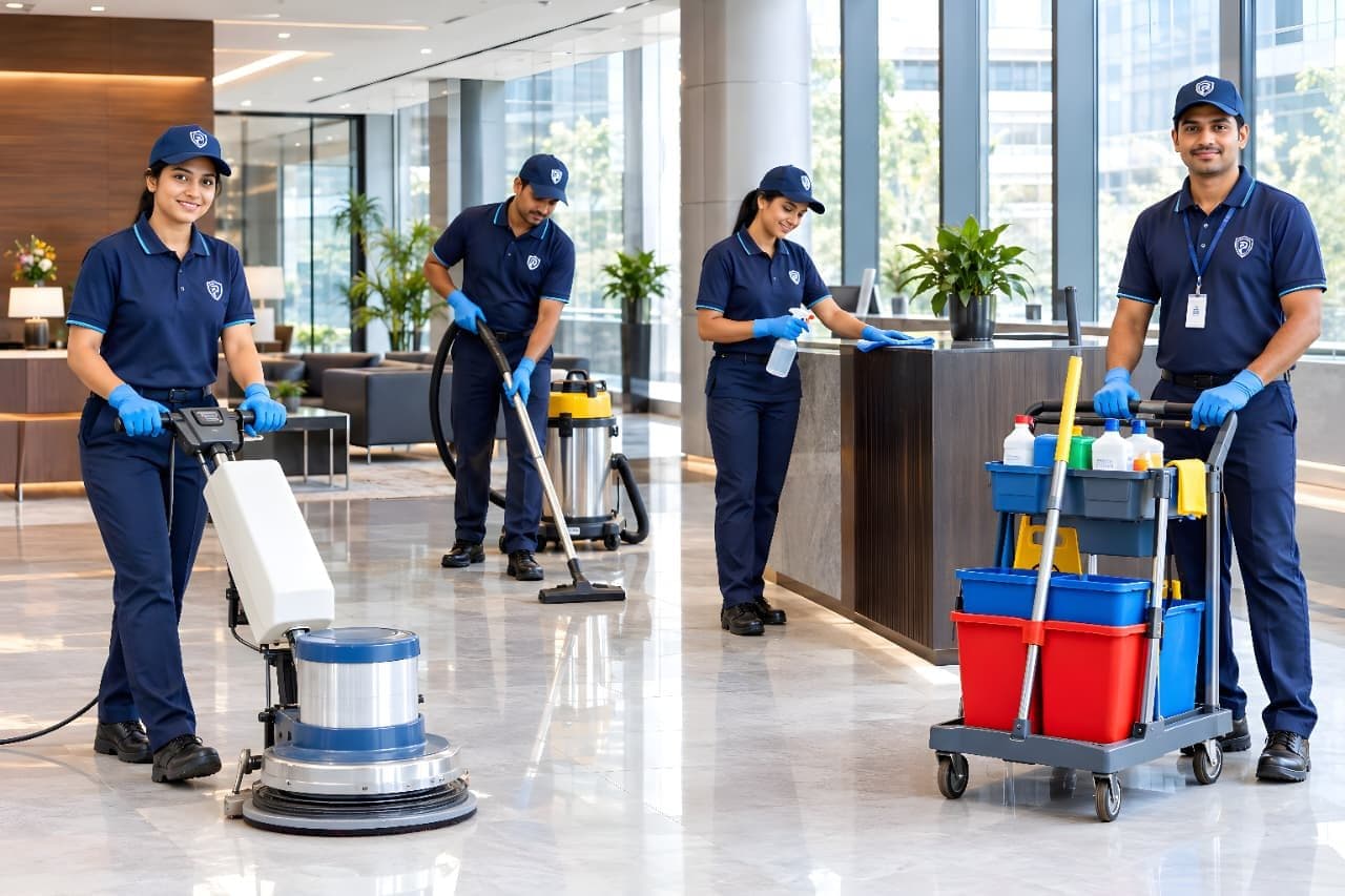 Prime Hygiene Solutions facility services team in uniform at a commercial site