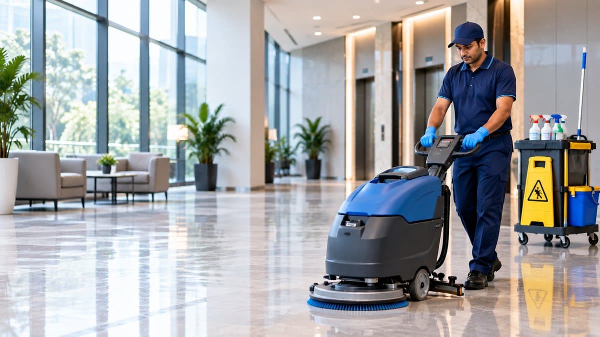Operator using a floor scrubbing machine on a commercial floor